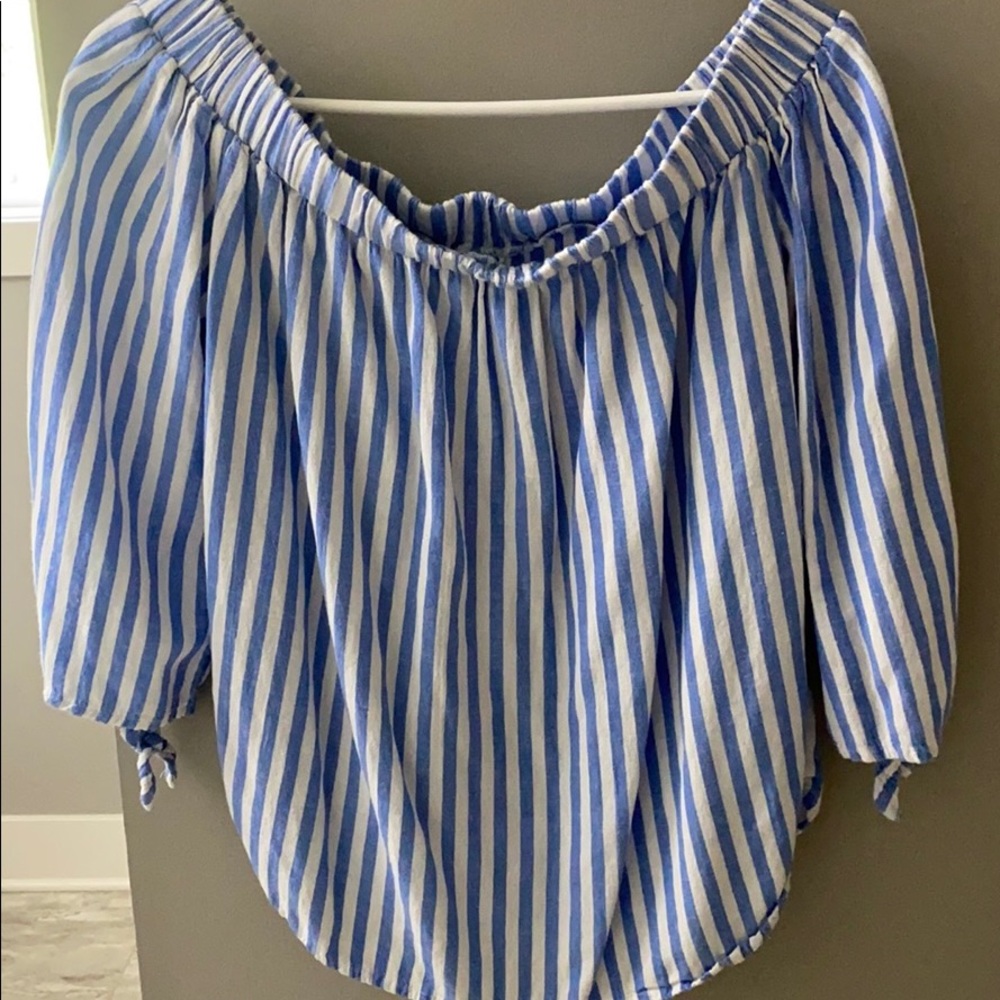 Blue/White Striped Off the Shoulder Shirt